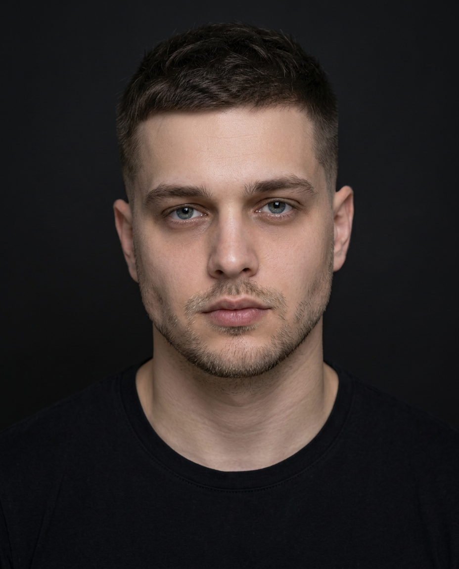 Leaner face, rested eyes, sharper jaw, adapted haircut, stronger neck