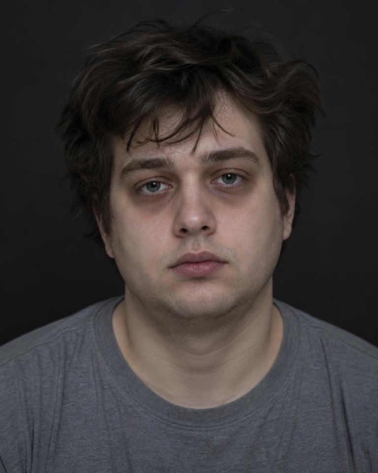 Puffy face, dark circles, unstyled hair, soft neck